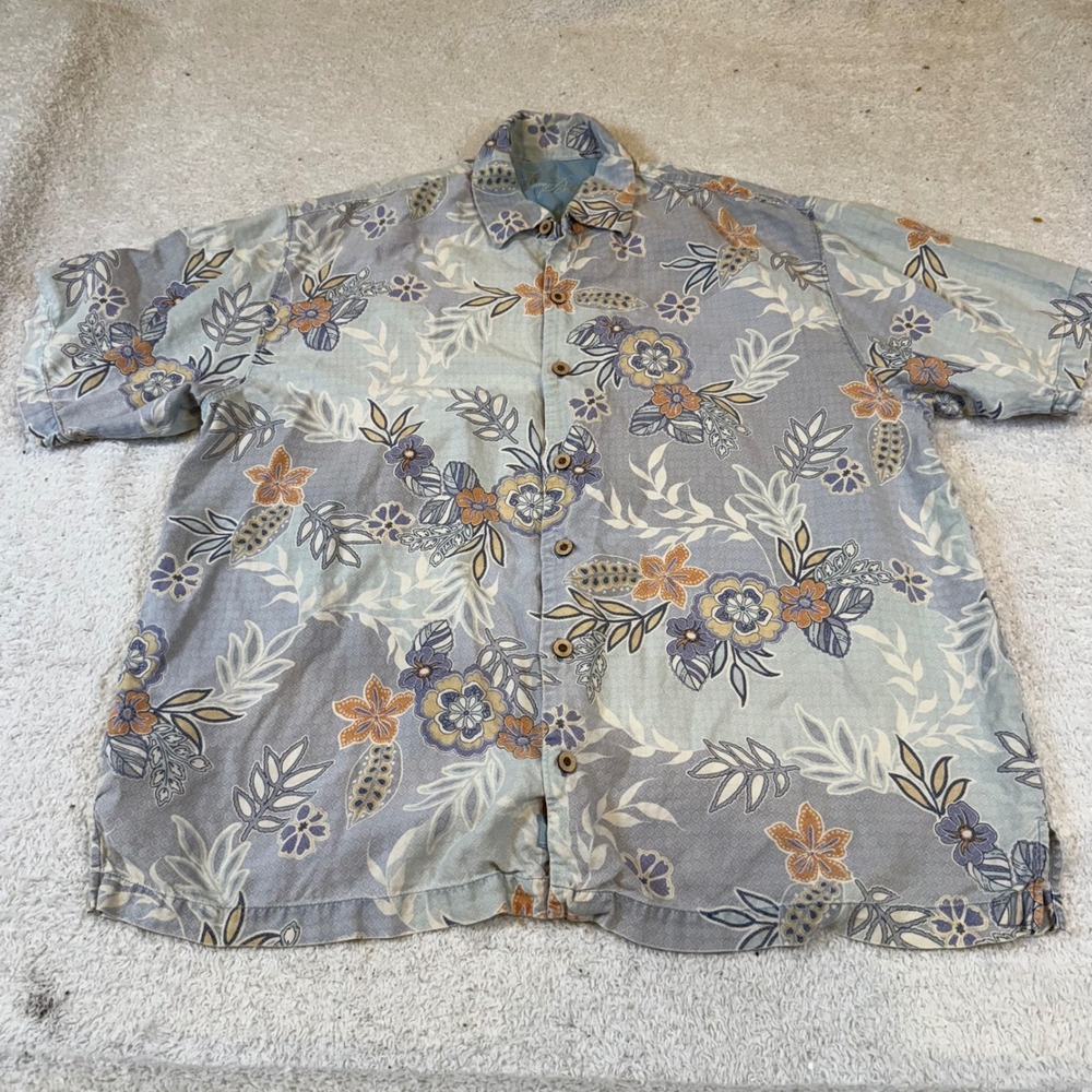 Tommy Bahama Mens XL Silk‎ Floral Camp Shirt Blue Short Sleeve Button Down